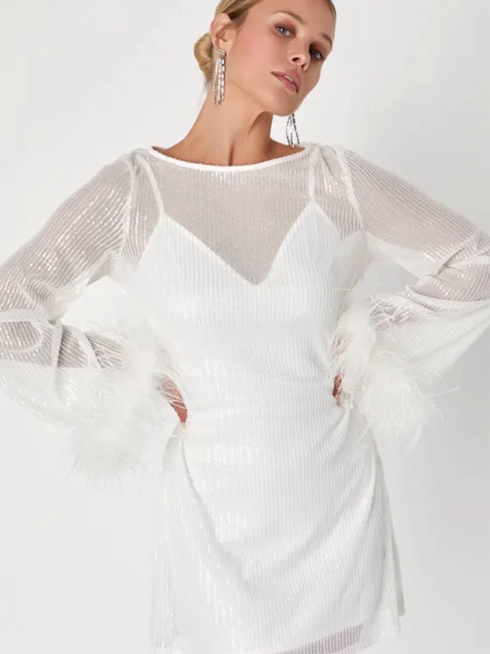 Lulu's White Sheer Long-Sleeve Mini Dress with Feather Cuffs